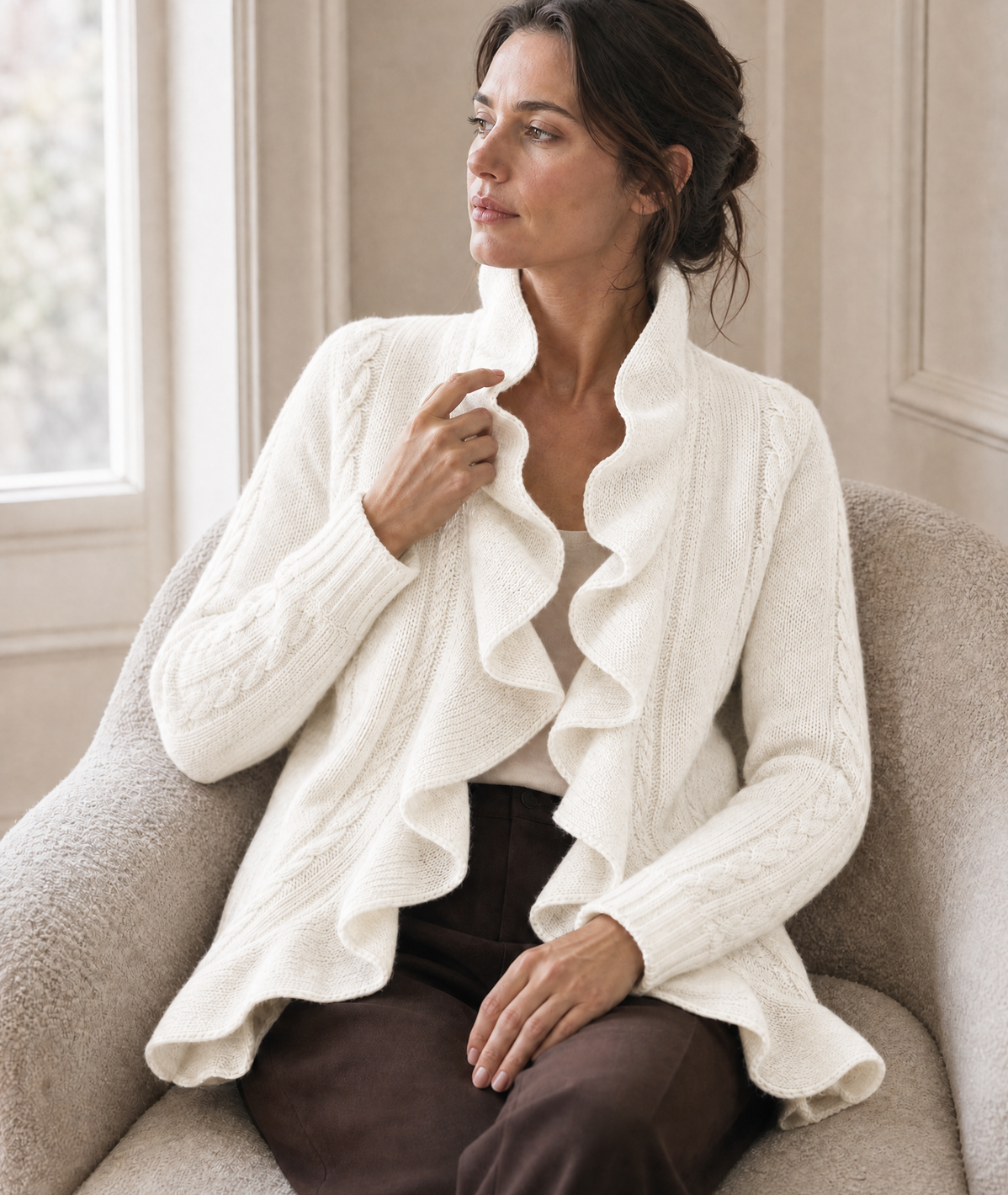 Retro Ruffle Cable-Knit Cardigan — off-white