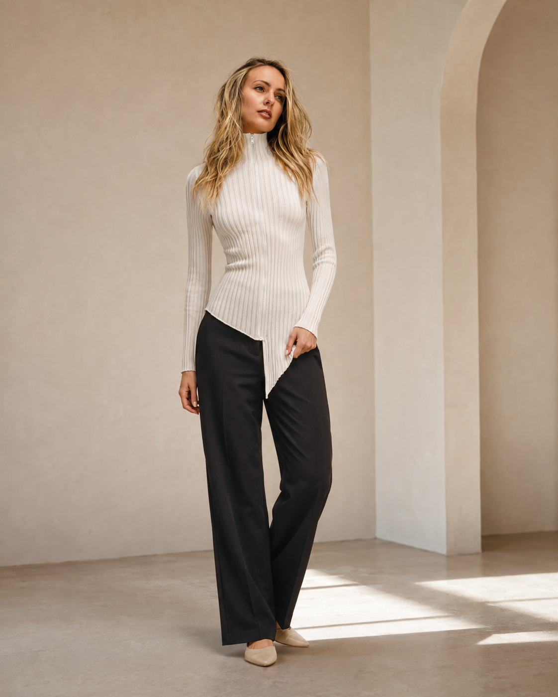 Irregular Double-Zip Mock-Neck Fine Cashmere Top — White