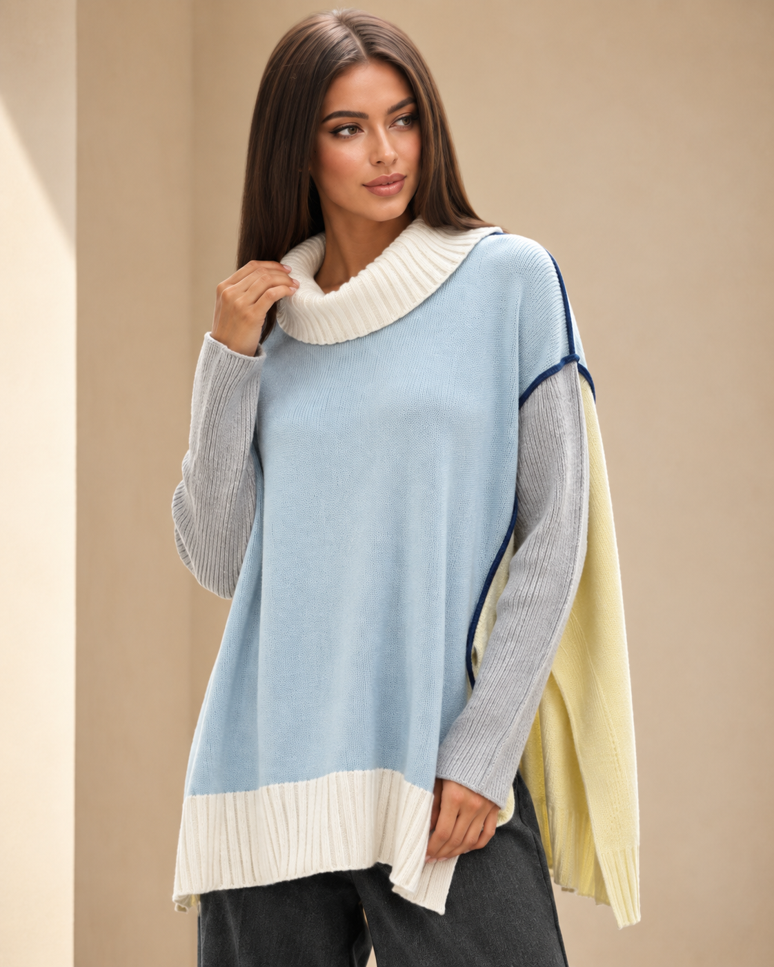 Artistic Color-Block Cashmere Top — Light Blue / Cream Yellow / Soft Linen Gray