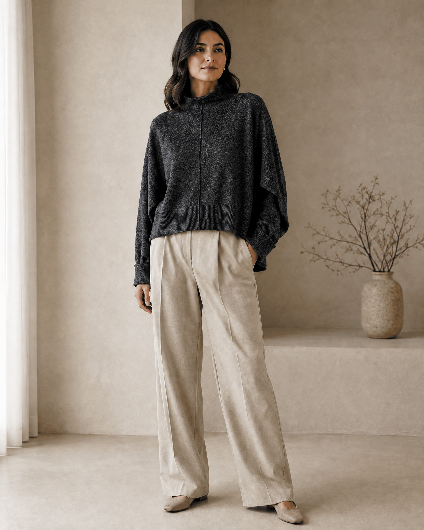 Center-Split Half-High-Neck Knit Sweater — milk white