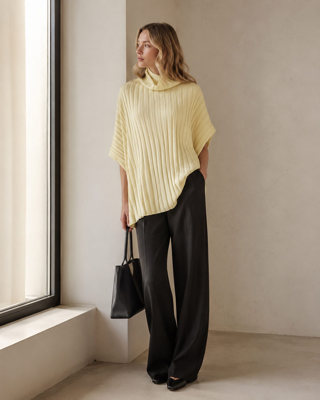 Diagonal-Rib Irregular-Hem Knit Top — yellow