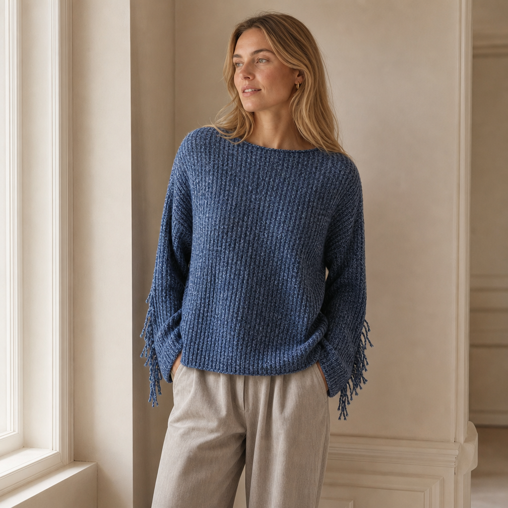Slub-Yarn Vertical-Rib Fringed Cropped Knit Top — deep blue