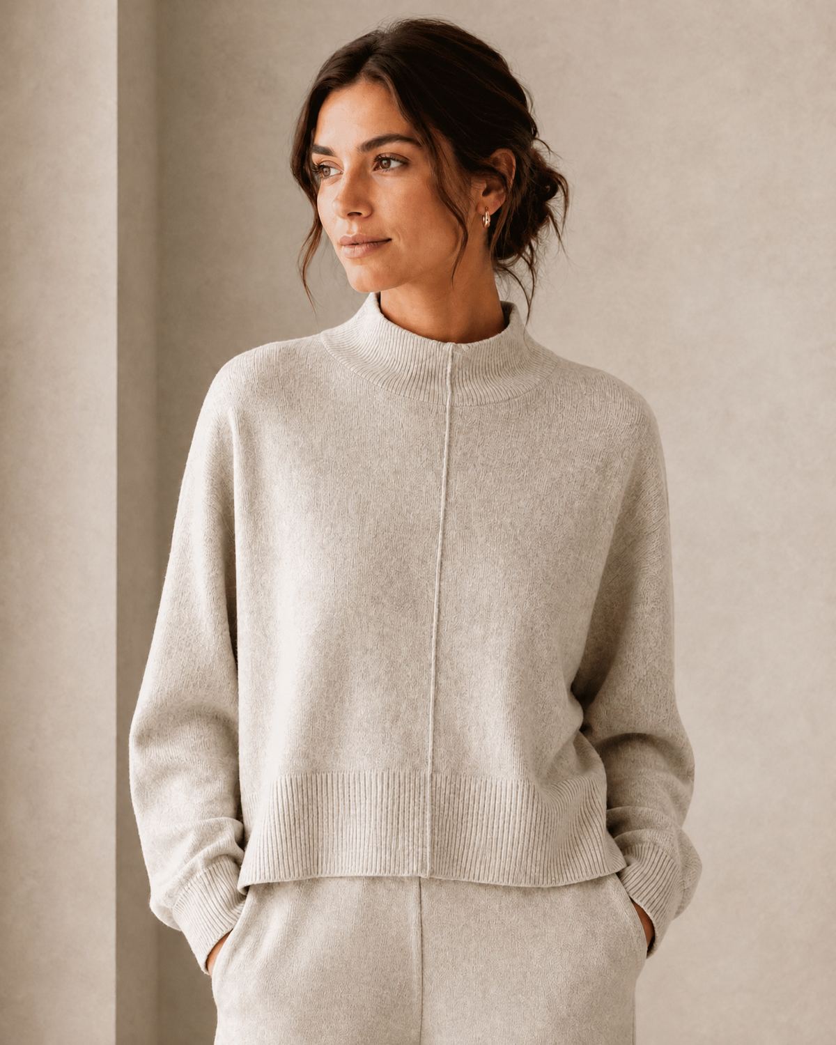 Center-Split Half-High-Neck Knit Sweater — dark heather gray