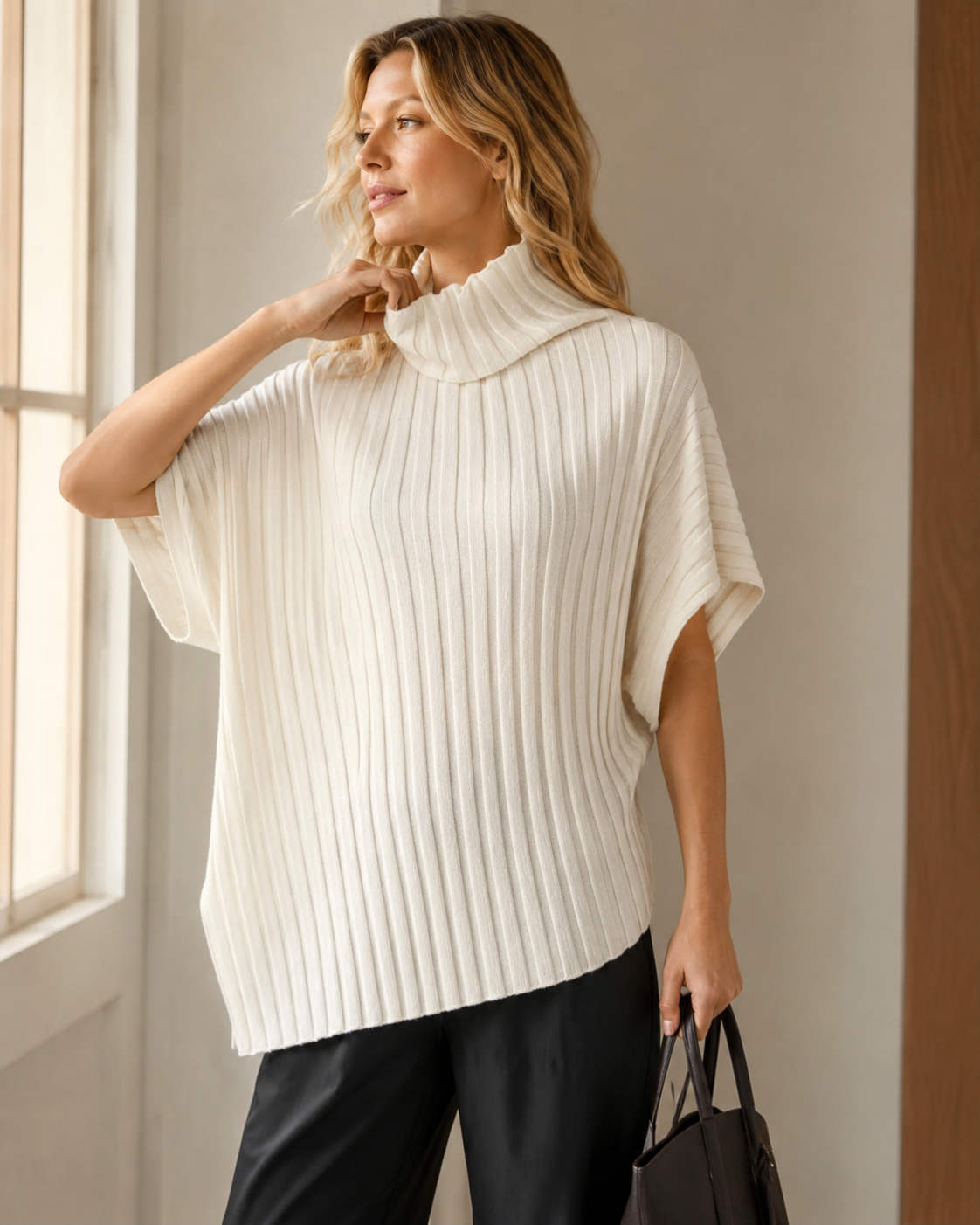 Diagonal-Rib Irregular-Hem Knit Top — off-white