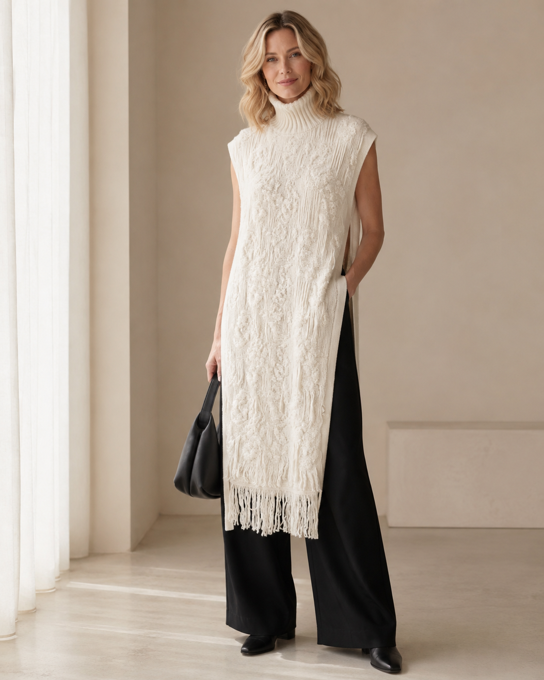 High-Neck Fringed Sleeveless Maxi Dress — off-white