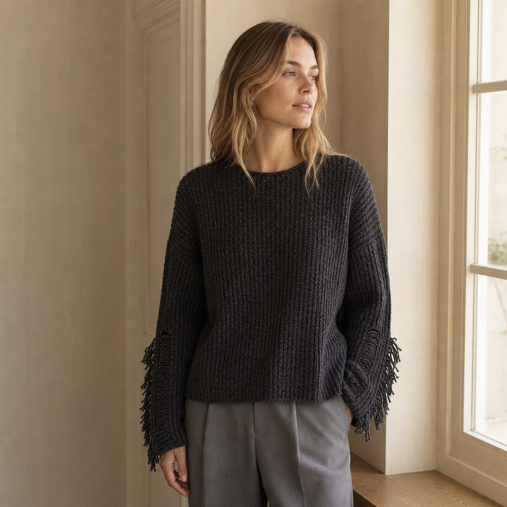 Slub-Yarn Vertical-Rib Fringed Cropped Knit Top — black