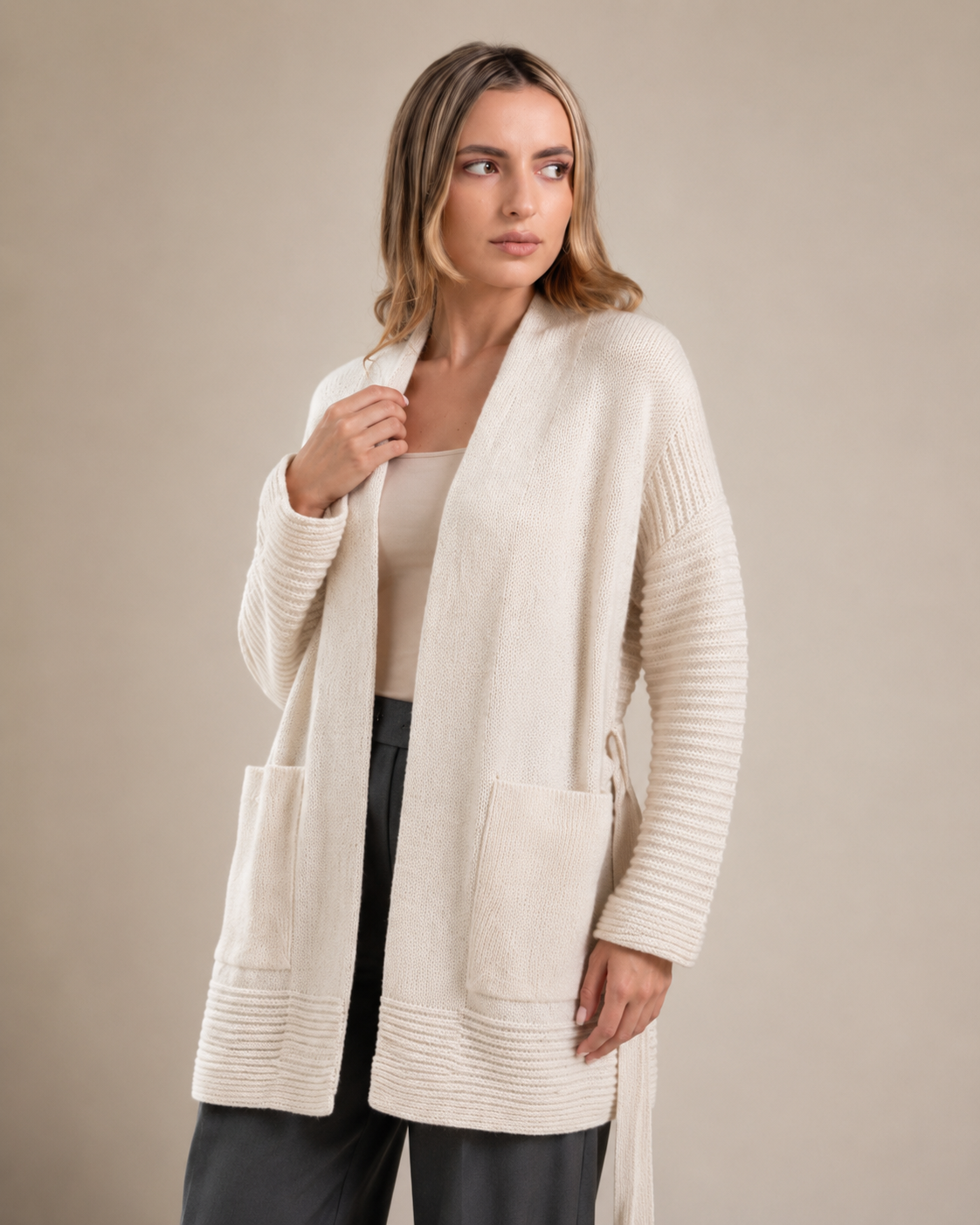 Relaxed Tie-Waist Cashmere Cardigan — White