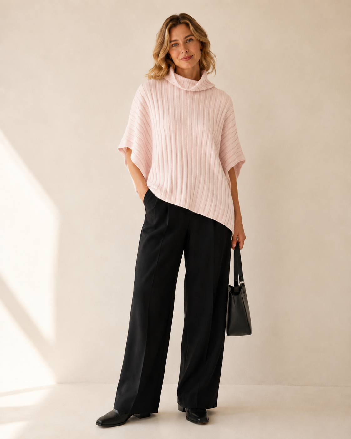 Diagonal-Rib Irregular-Hem Knit Top — pink