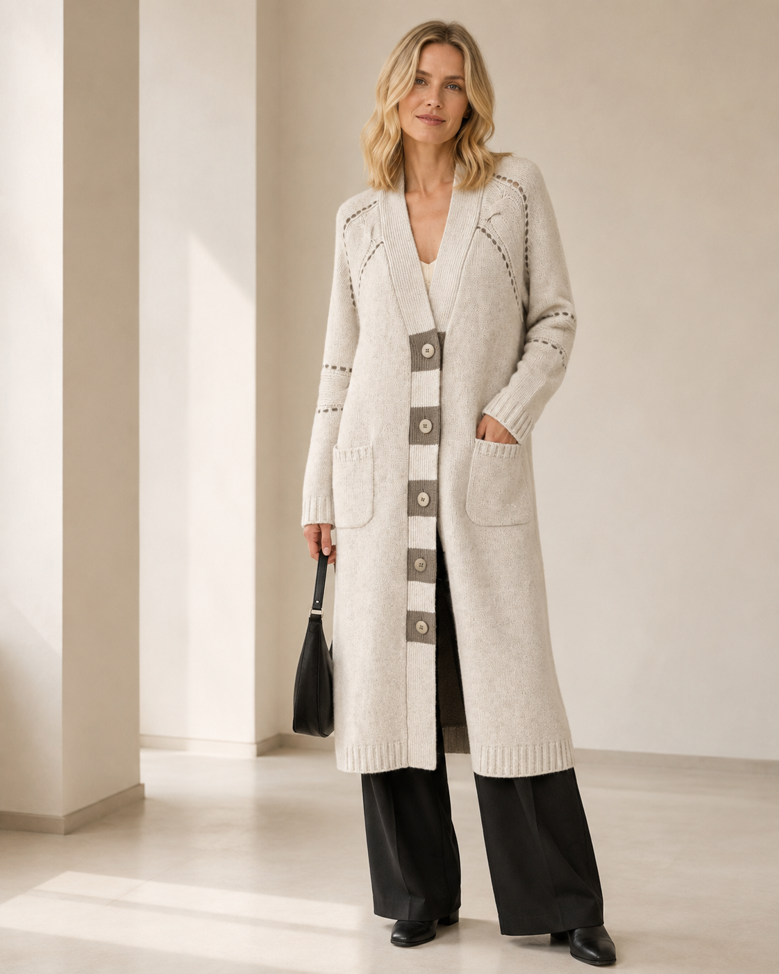 Retro Contrast-Piped Long Knit Coat — white-gray stripe