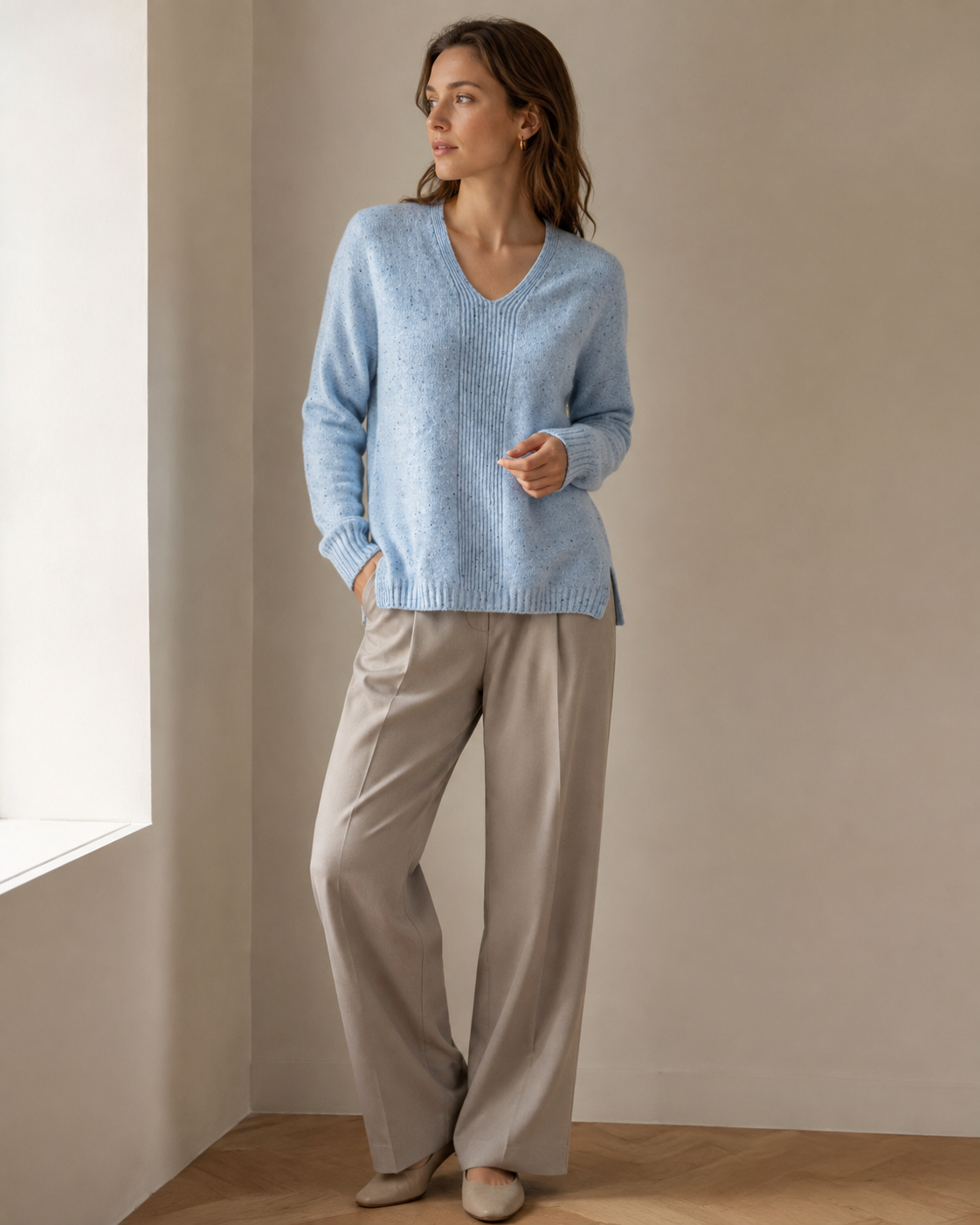 Dotted-Yarn V-Neck Vertical-Rib Cashmere-Blend Top — blue
