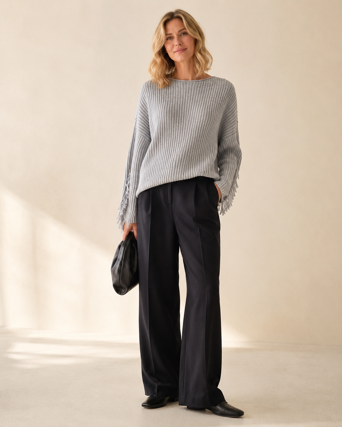 Slub-Yarn Vertical-Rib Fringed Cropped Knit Top — gray