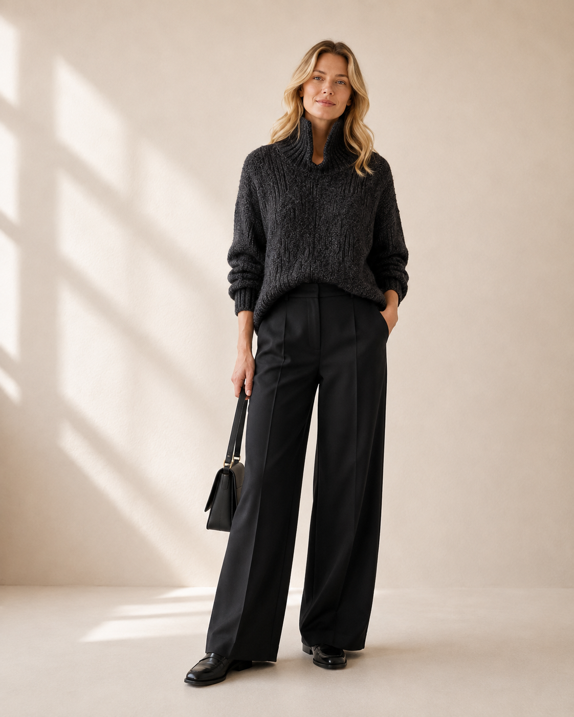 High-Neck Embossed Pleated Cropped Sweater — charcoal gray
