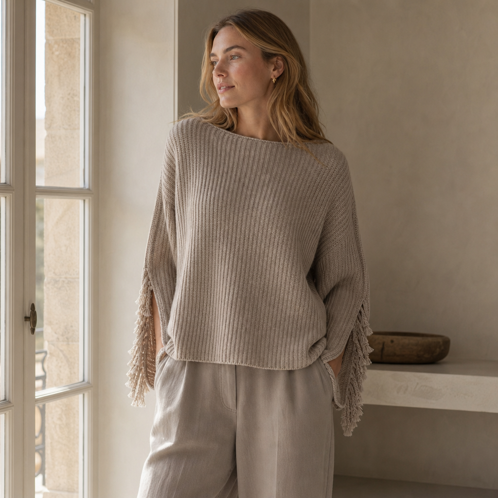 Slub-Yarn Vertical-Rib Fringed Cropped Knit Top — brown