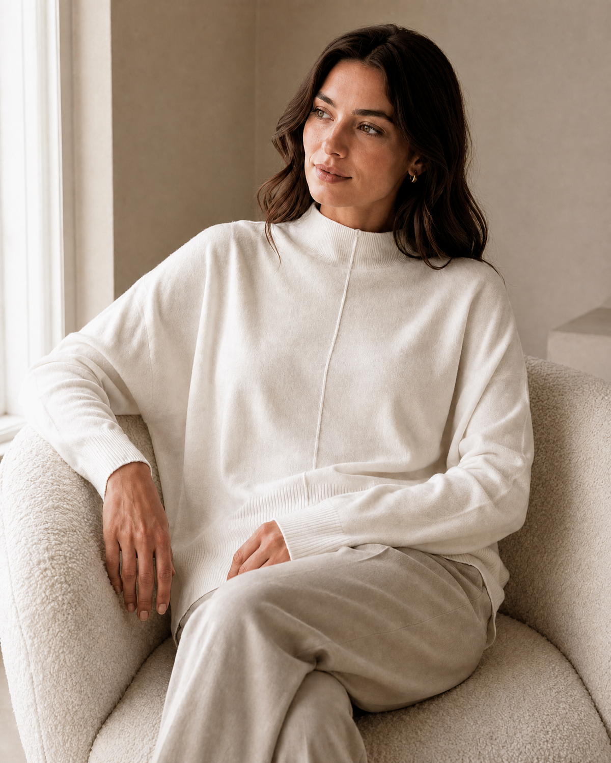 Center-Split Half-High-Neck Knit Sweater — light heather gray