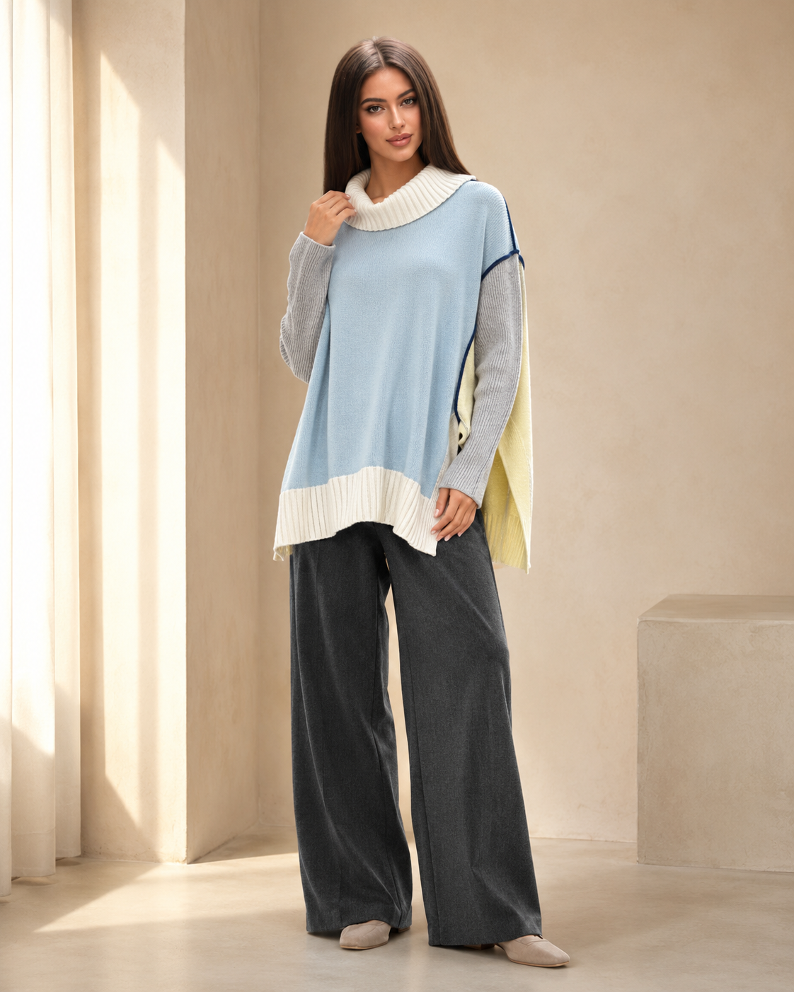 Artistic Color-Block Cashmere Top — Light Blue / Cream Yellow / Soft Linen Gray