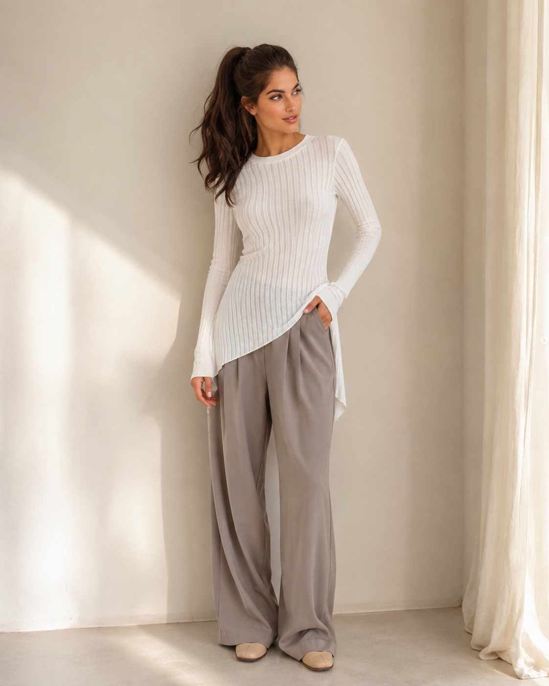 Crew-Neck Irregular Ribbed Fine Cashmere Top — White