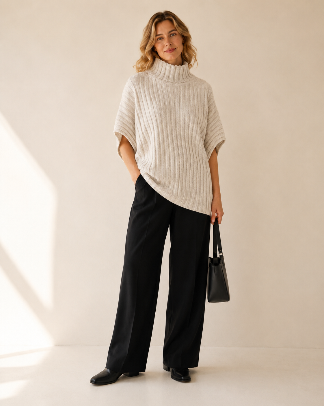 Diagonal-Rib Irregular-Hem Knit Top — oatmeal