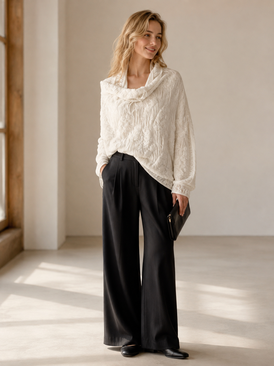Embossed Pleat Jacquard Short Shawl — off-white