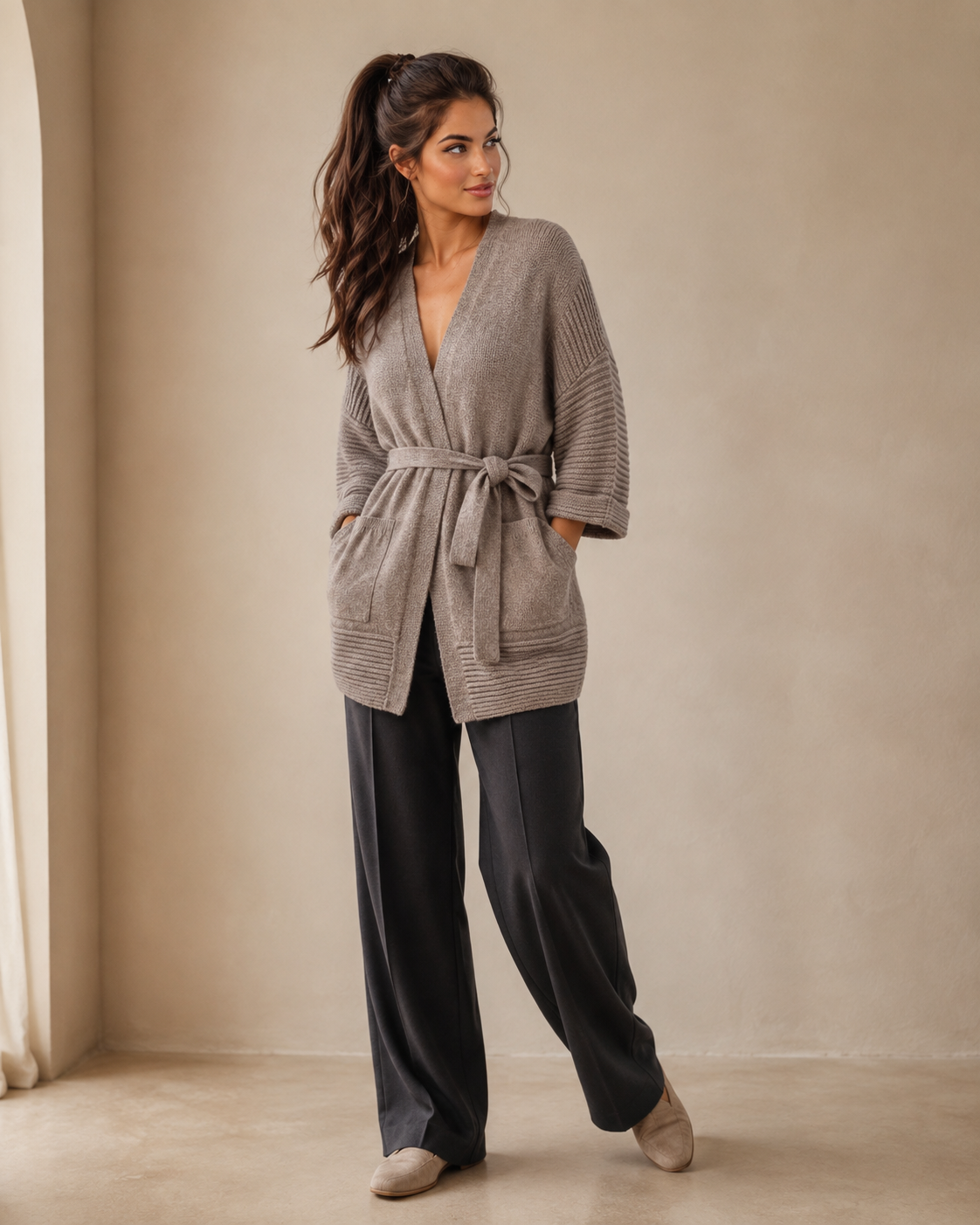 Relaxed Tie-Waist Cashmere Cardigan — Natural Purple