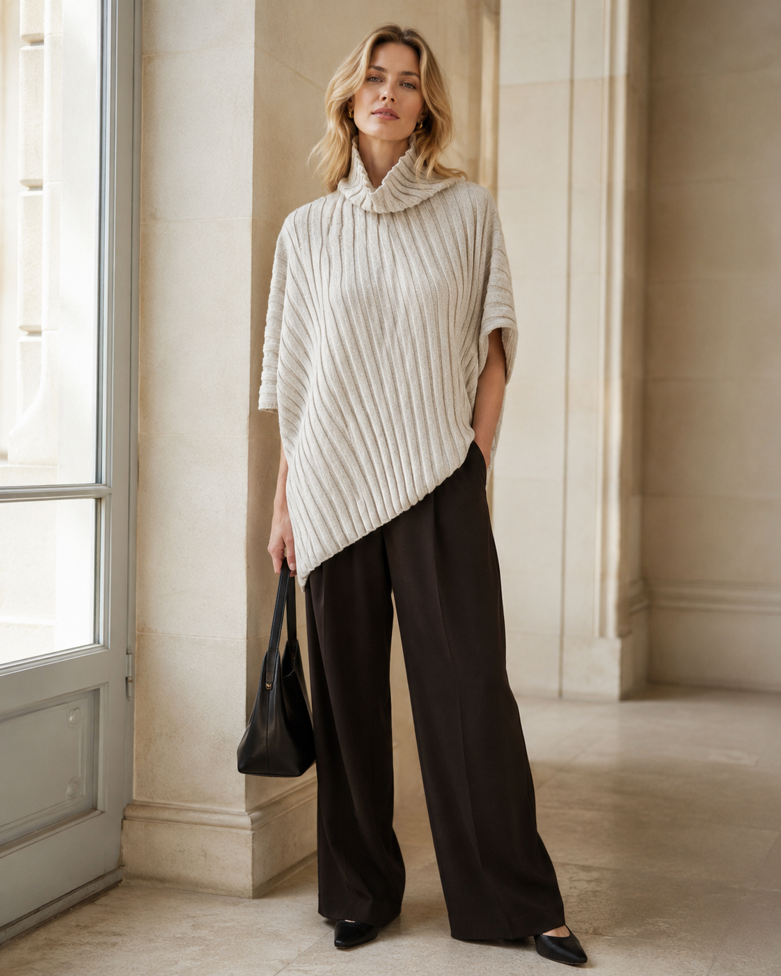 Diagonal-Rib Irregular-Hem Knit Top — oatmeal