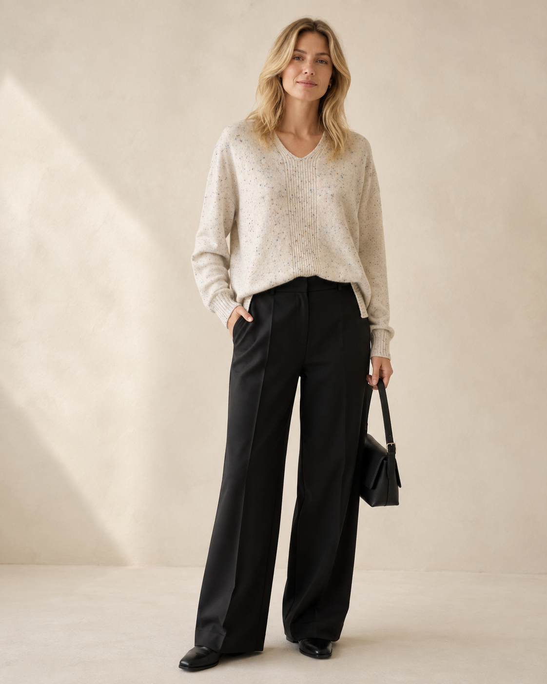Dotted-Yarn V-Neck Vertical-Rib Cashmere-Blend Top — beige