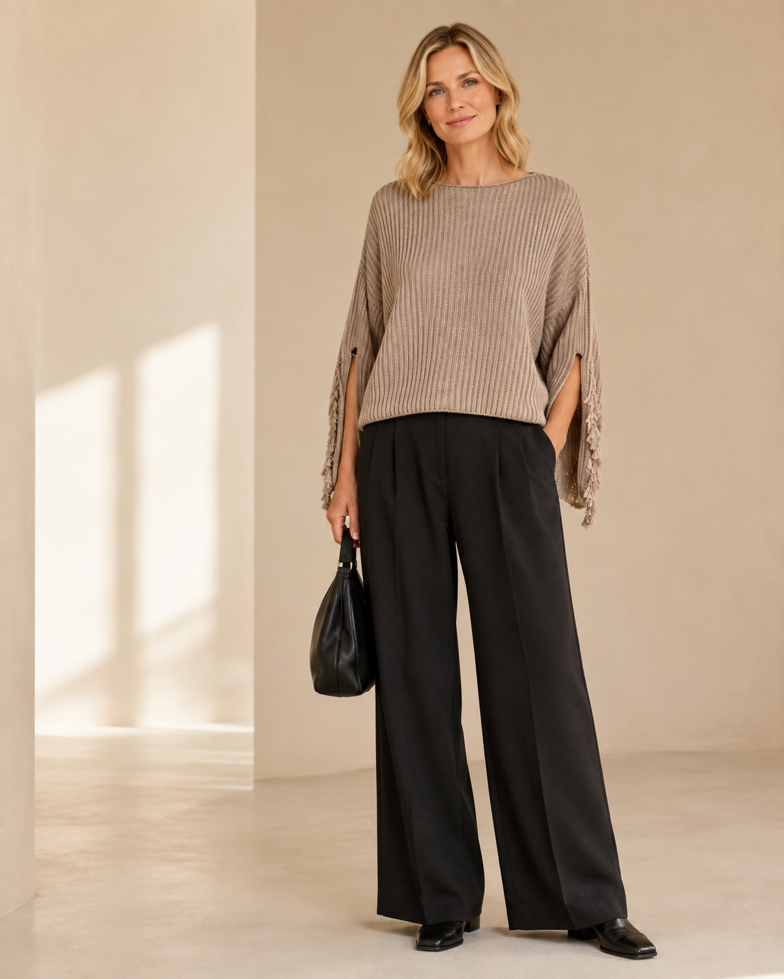 Slub-Yarn Vertical-Rib Fringed Cropped Knit Top — brown