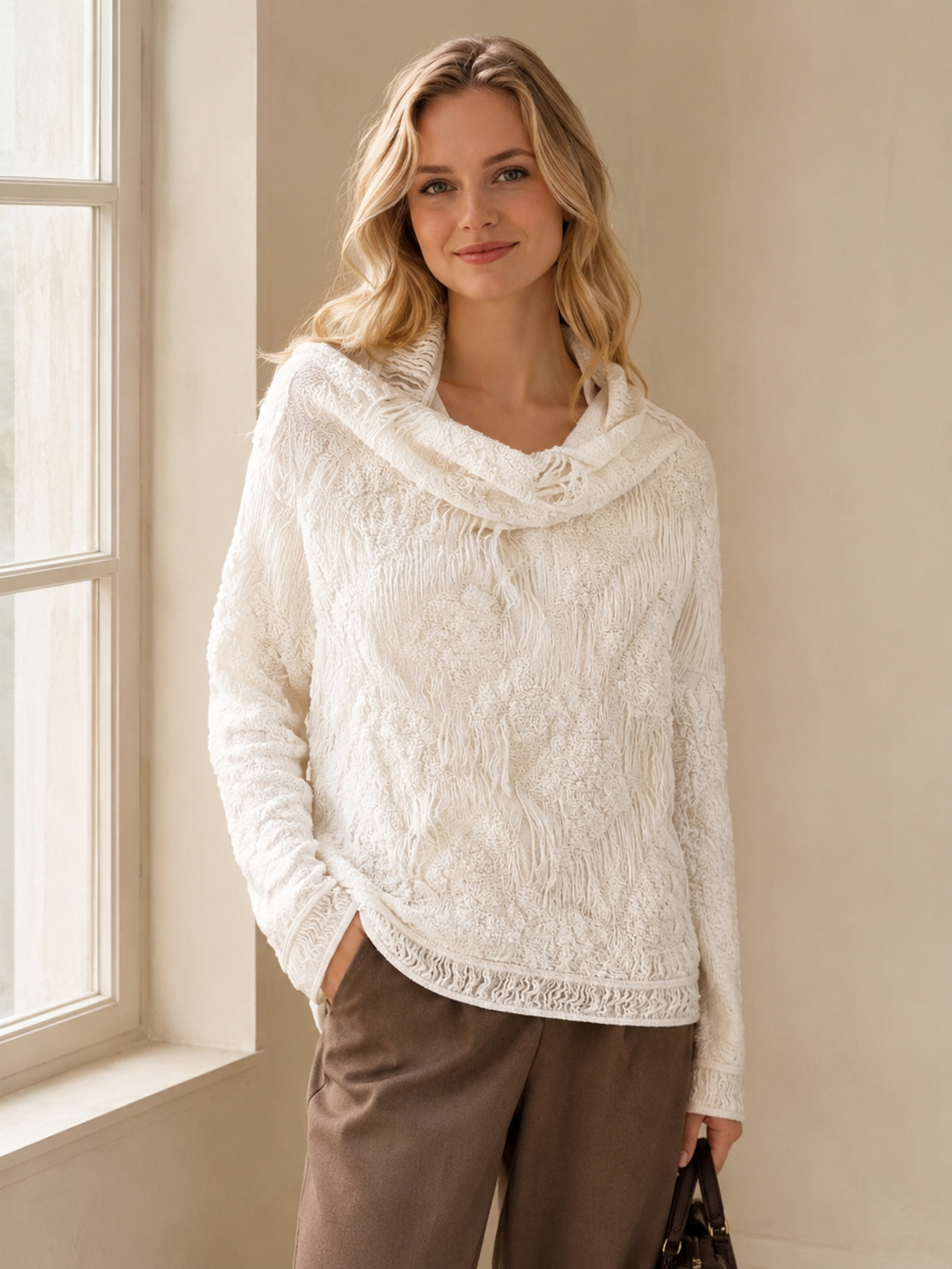 Embossed Pleat Jacquard Short Shawl — off-white