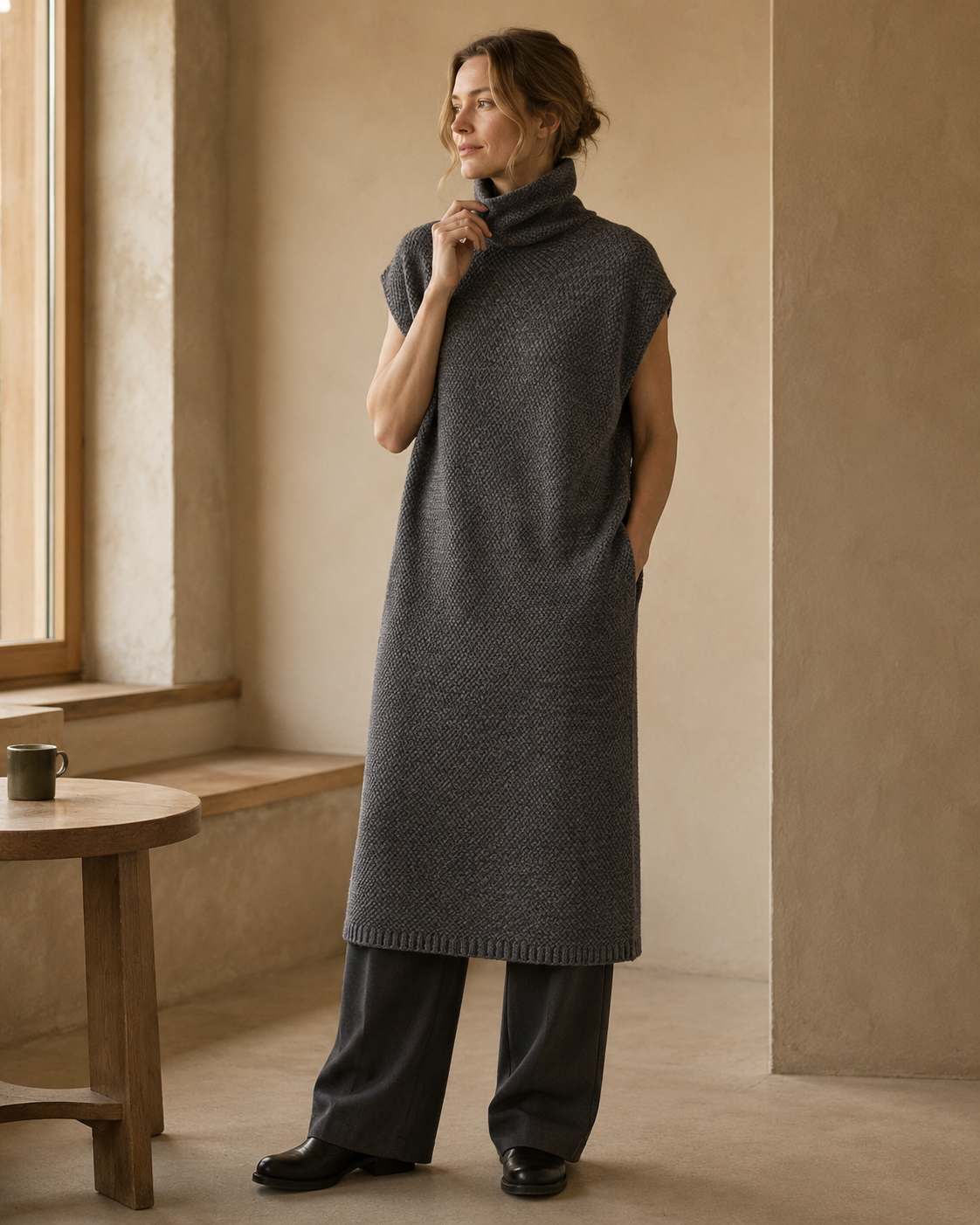 High-Neck Sleeveless Knit Dress — gray