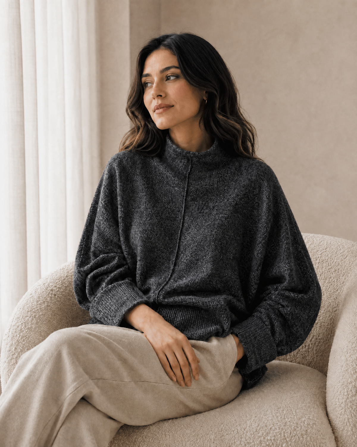Center-Split Half-High-Neck Knit Sweater — milk white
