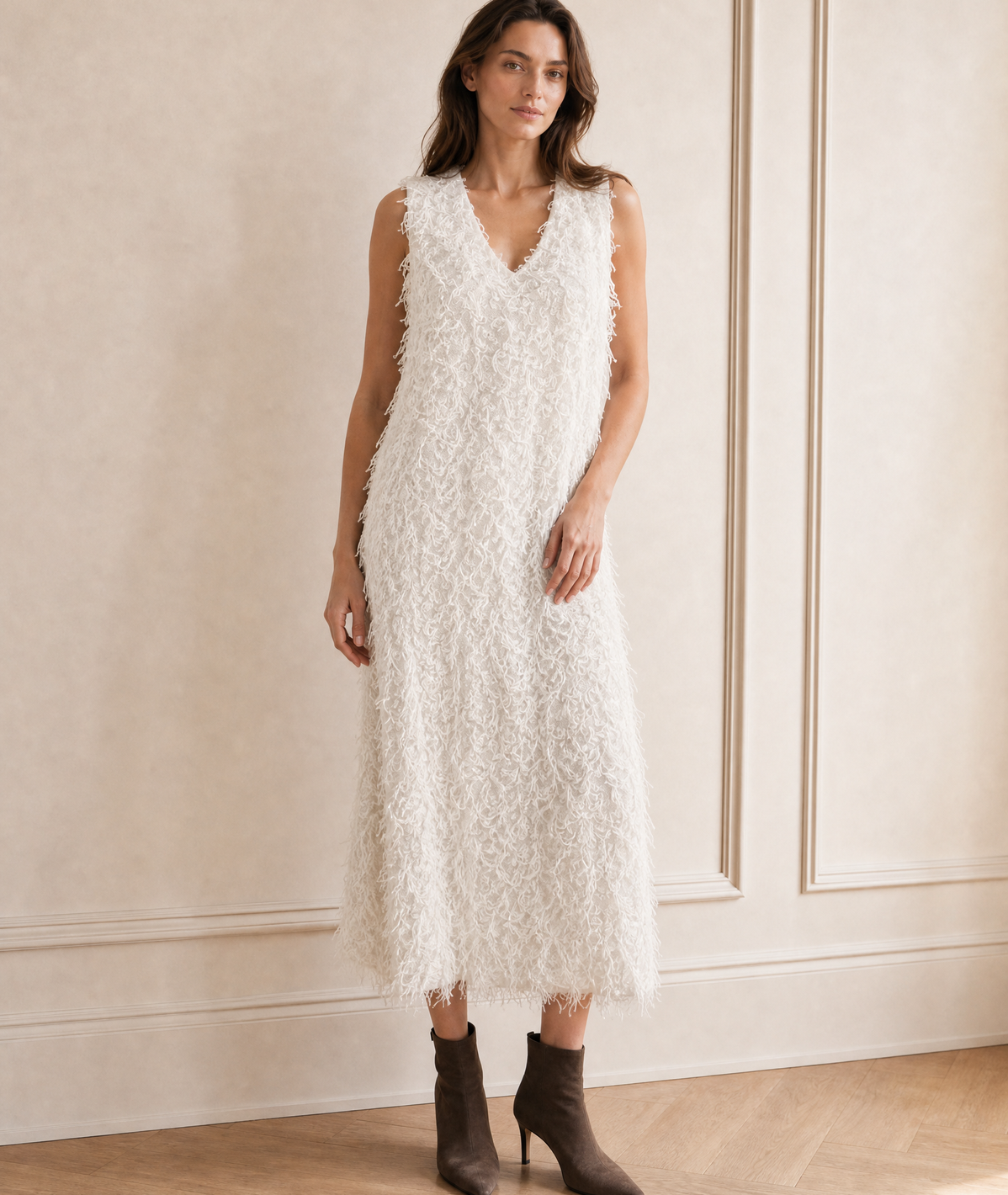 Fringed V-Neck Sleeveless Dress — off-white
