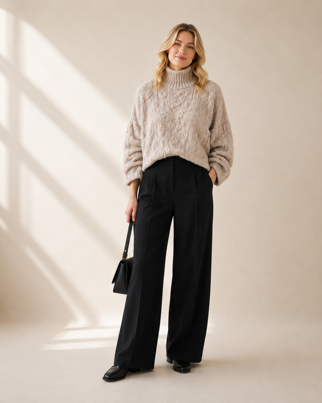 High-Neck Embossed Pleated Cropped Sweater — almond