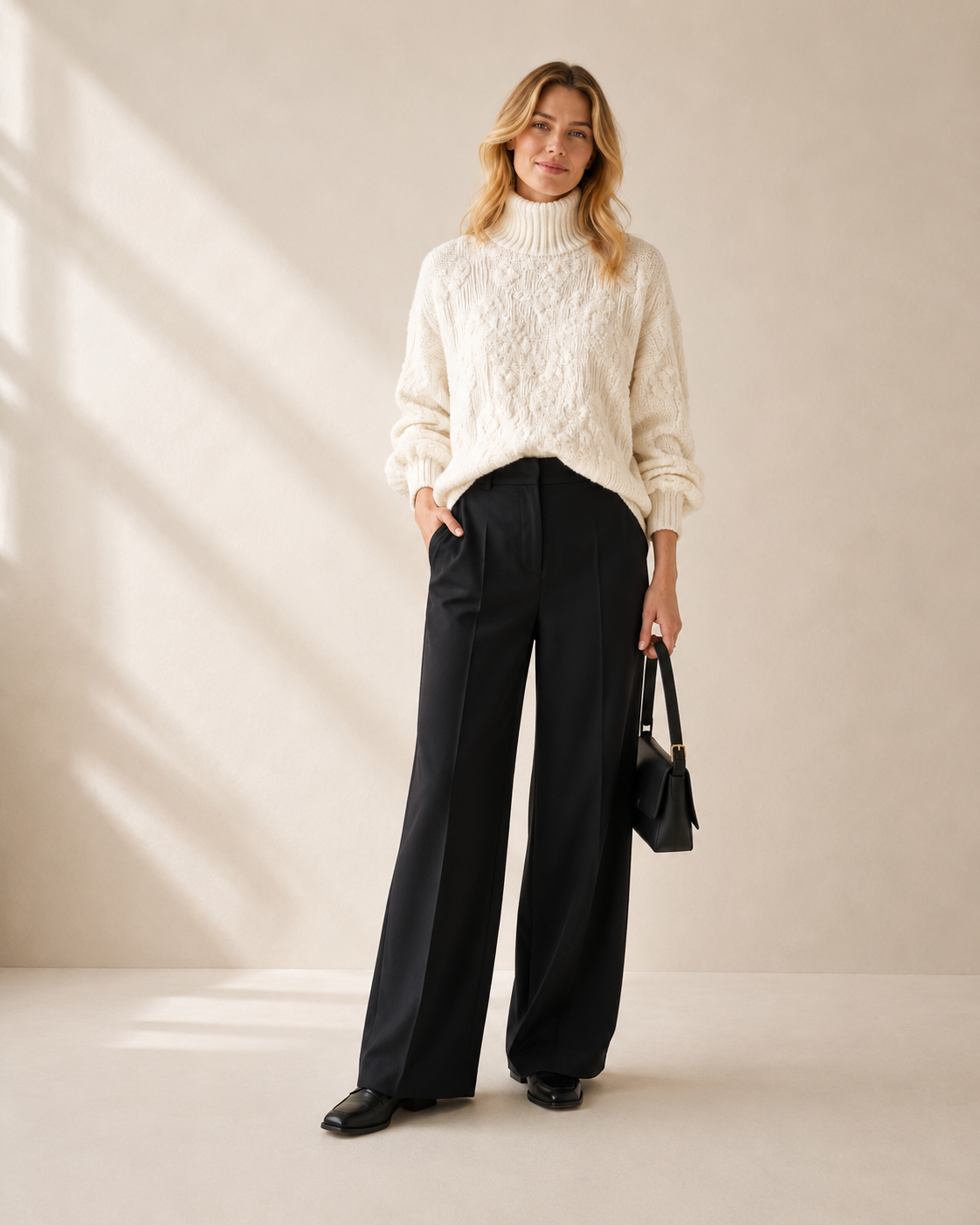 High-Neck Embossed Pleated Cropped Sweater — milk white