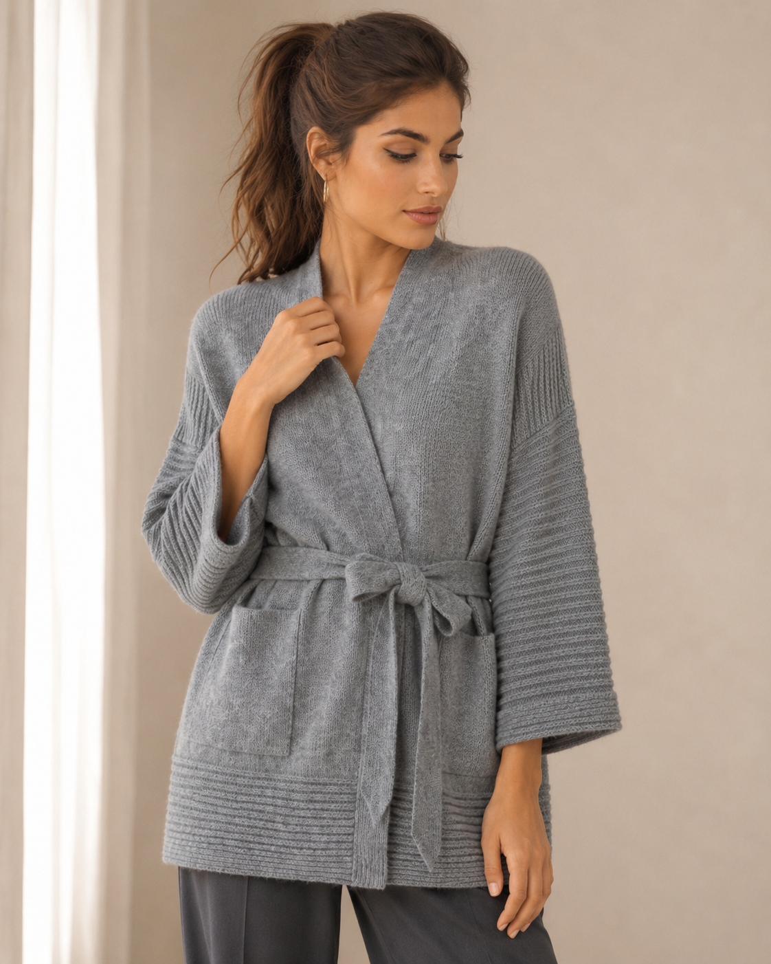Relaxed Tie-Waist Cashmere Cardigan — Gray