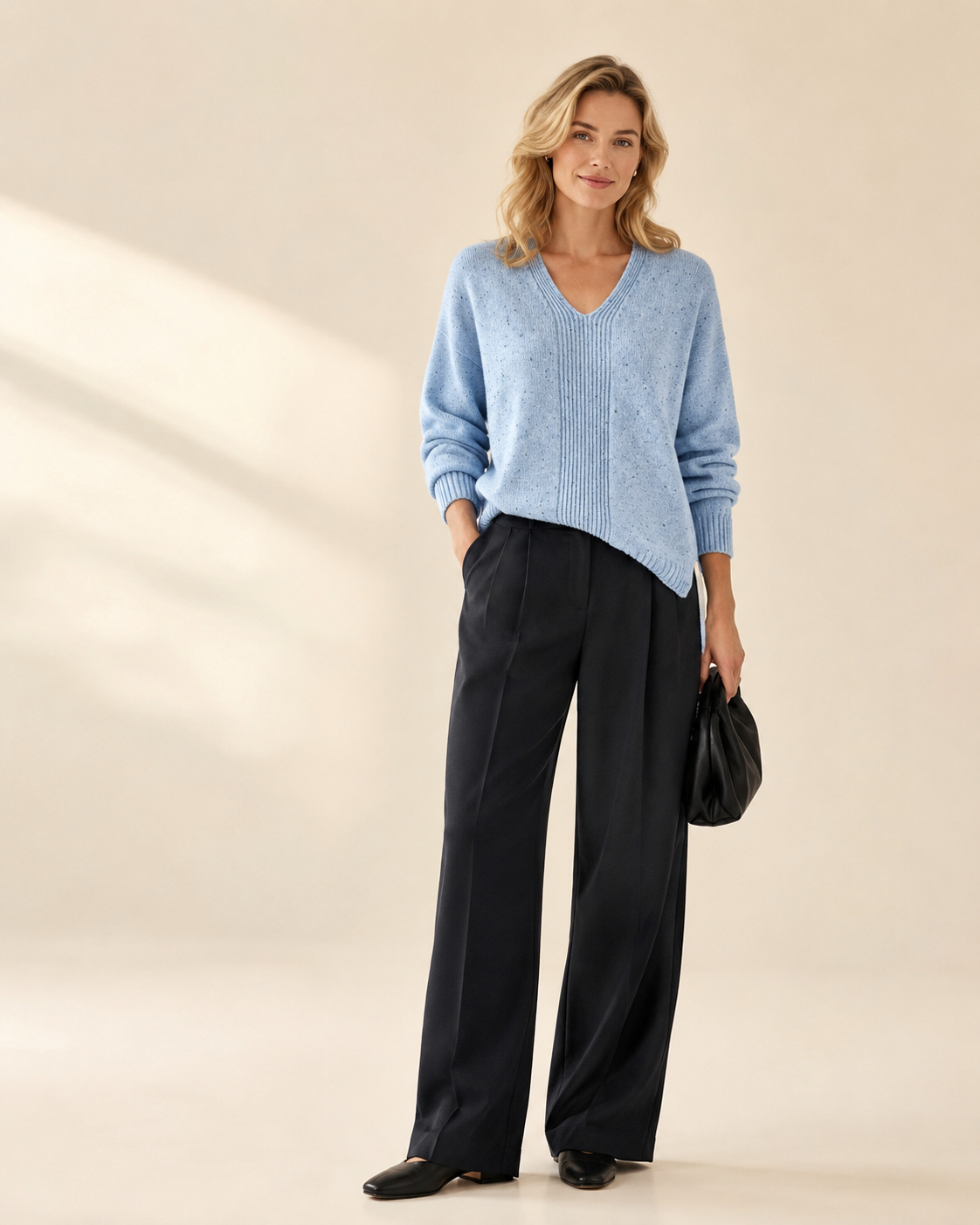 Dotted-Yarn V-Neck Vertical-Rib Cashmere-Blend Top — blue