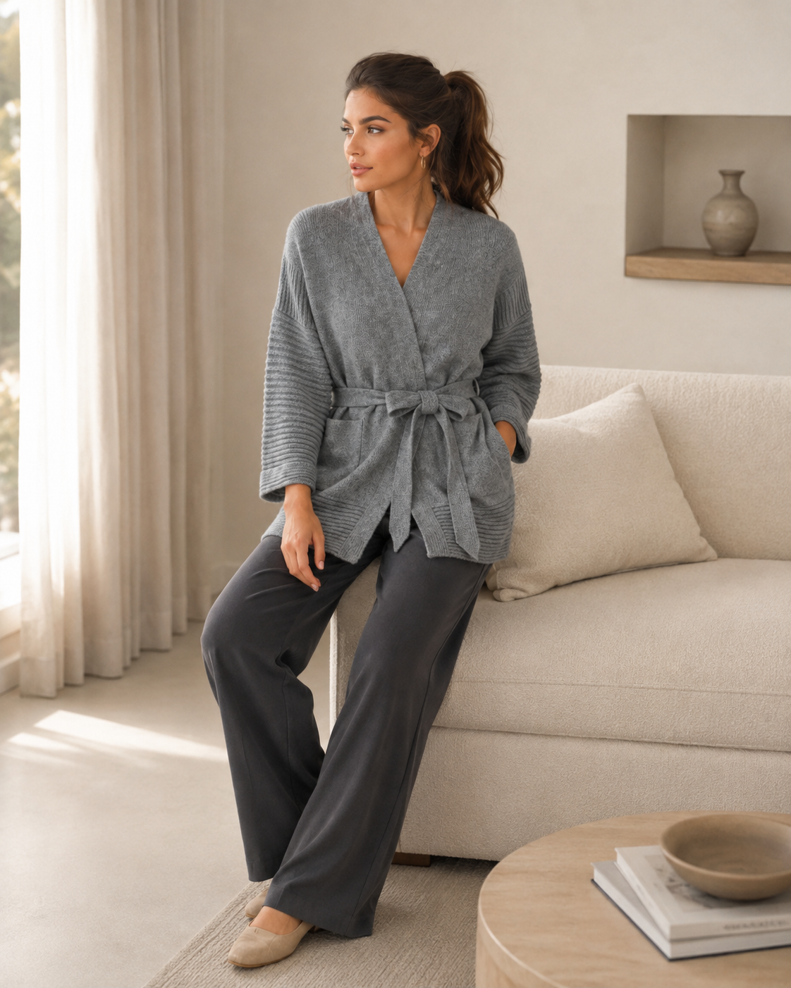 Relaxed Tie-Waist Cashmere Cardigan — Gray
