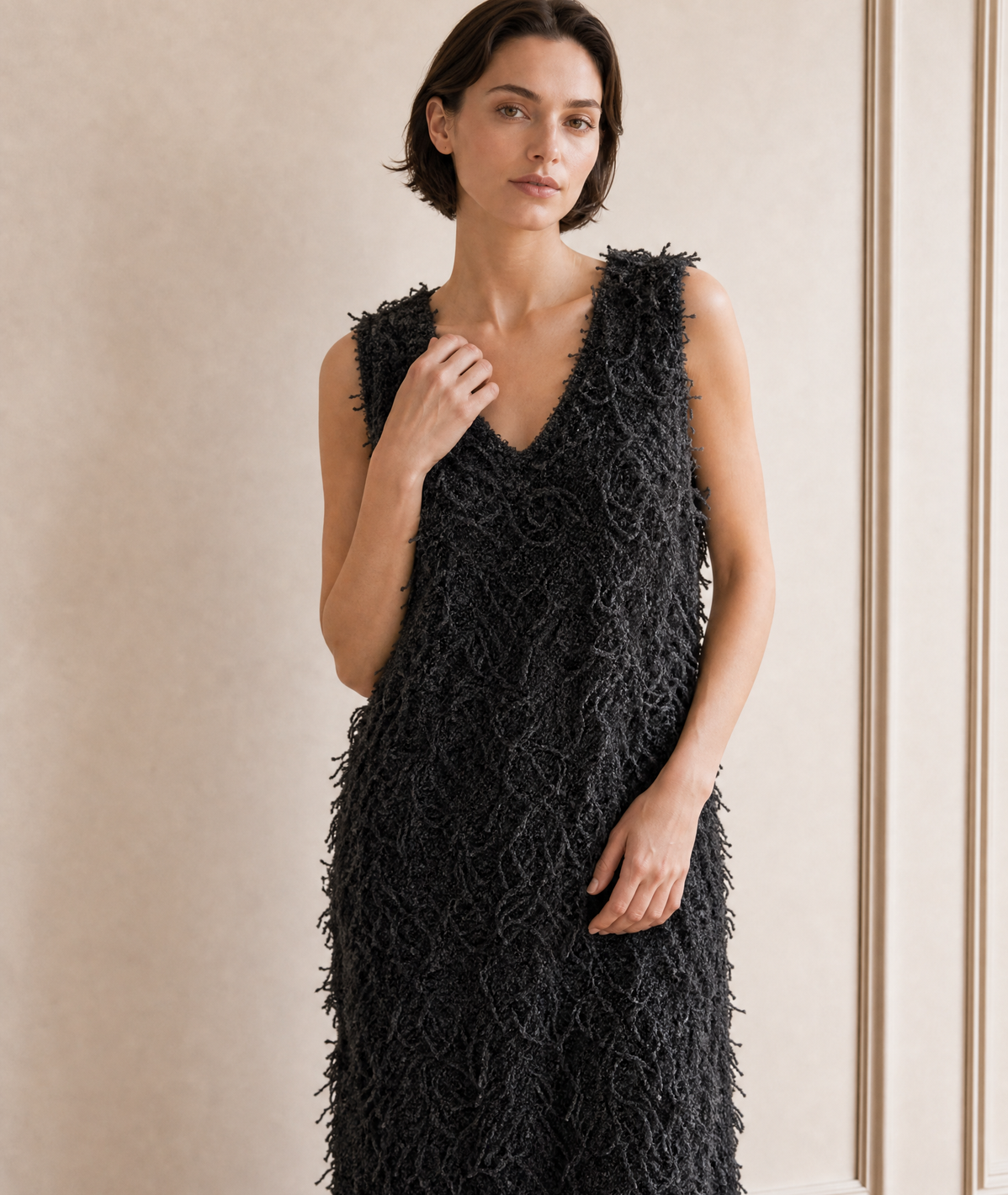 Fringed V-Neck Sleeveless Dress — black