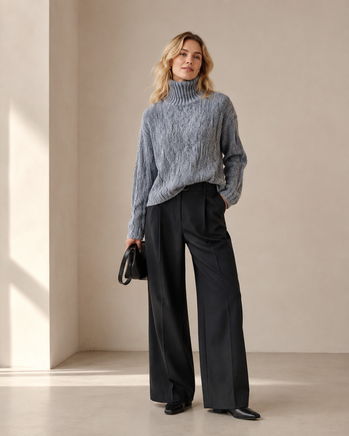 High-Neck Embossed Pleated Cropped Sweater — light gray