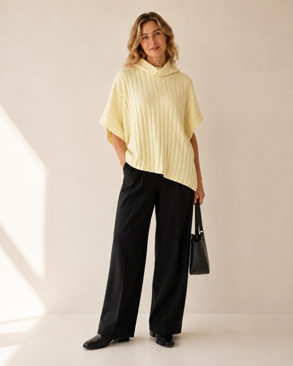 Diagonal-Rib Irregular-Hem Knit Top — yellow