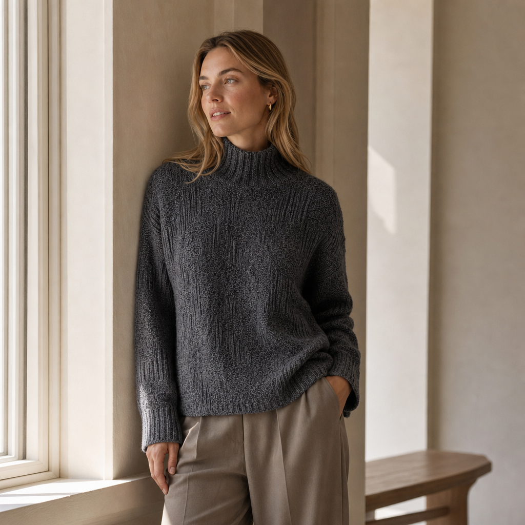 High-Neck Embossed Pleated Cropped Sweater — charcoal gray